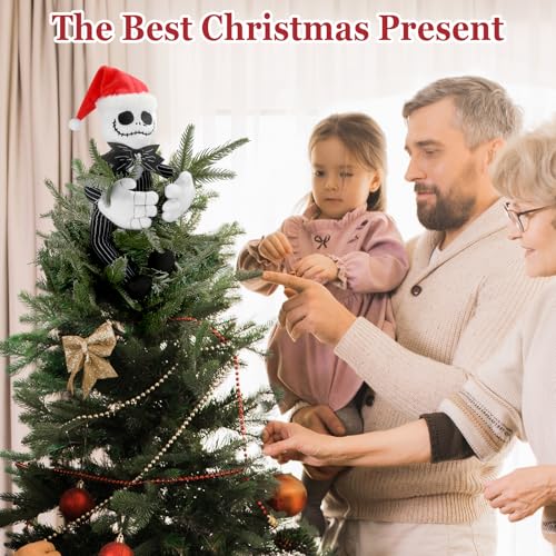 Tree Topper Decorations for Halloween and Christmas, Cute Plush Jack Huggers with Santa Hat, Poseable Handmade Tree Topper Party Decor