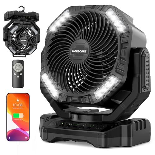 MORECORE 20000mAh Rechargeable Camping Fan with Light, 112HRS Running, 8-Speed, Auto Oscillating, Timer, LED Digital Display, 270°Pivot with Hook for Tent RV Emergency Garage-Blue