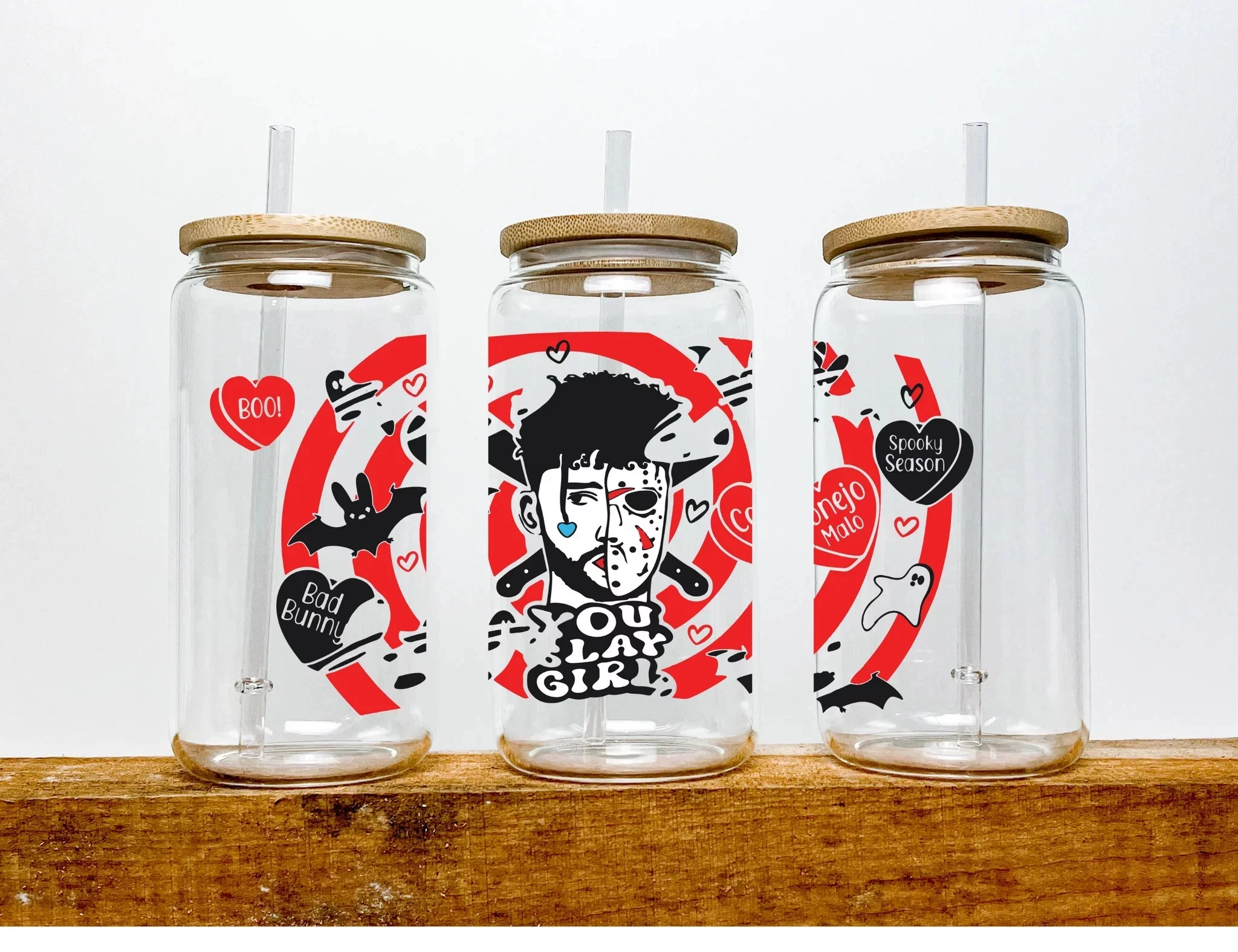 Bad Bunny Halloween Themed Iced Coffee Cup Glass - Trendy Glass Jar