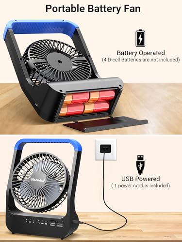 Battery Operated Fan, Camping Fan Battery Powered, Super Long Lasting, Portable D-Cell Battery Powered Desk Fan with Timer, 3 Speeds, Quiet, 180° Rotation, for Office,Bedroom,Outdoor, 5'', Blue