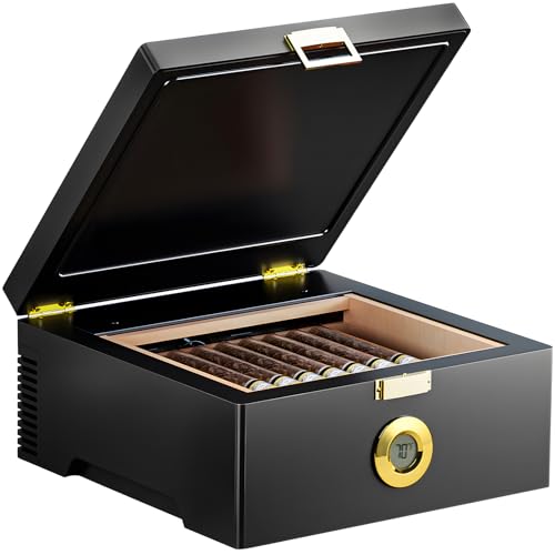 KingChii Electric Temperature Control Cigar Humidor Box (64°F-74°F), Bulid-in Fan for 360° Air Circulation,With Spanish Cedar Wood & Thermometer, Type C & Plug Cable, Gifts for Men (20-30 Cigars)
