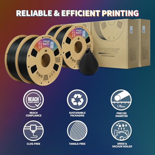 OVERTURE PLA Filament 1.75mm PLA 3D Printer Filament, 2kg Cardboard Spool (4.4lbs), Dimensional Accuracy +/- 0.02mm, Fit Most FDM Printer (Black 2-Pack)