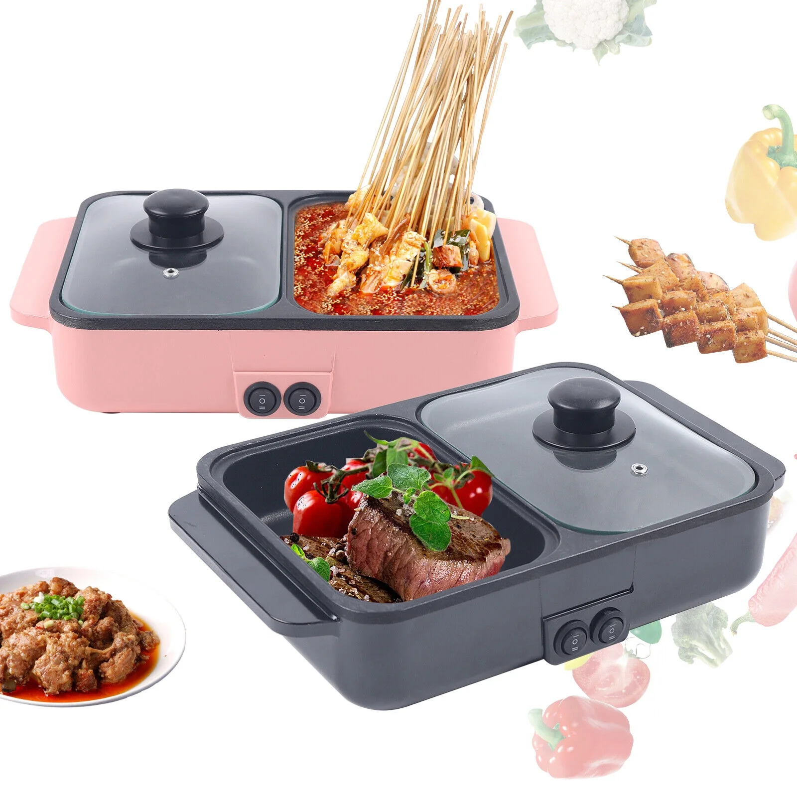 Electric Hot Pot BBQ Grill Kitchen Smokeless Shabu Cooking Pan 1200W Mini 2-IN-1