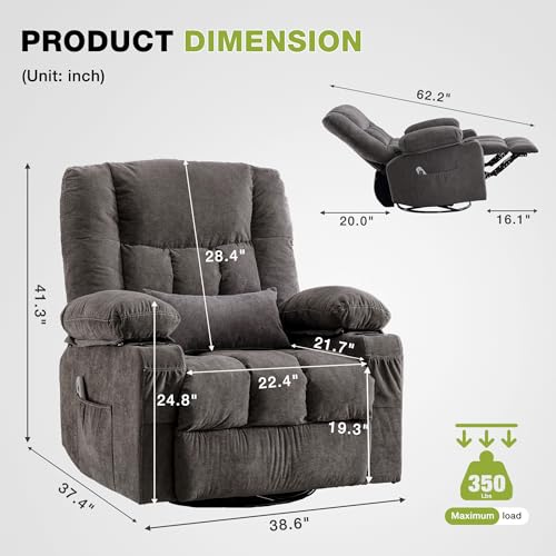 Massage Swivel Recliner Chair, Oversized Rocker Recliner with Vibration Massage and Lumbar Heat Ergonomic Rocker Chair for Living Room with Side Pocket, 2 Cup Holders, USB Charge Port