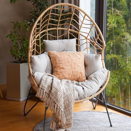 Grand patio Outdoor Egg Chair PE Wicker Wood Grain Finish Comfortable Conversation Chair with Olefin Cushion Oversized Lounger Chair with Stand for Porch, Backyard, Living Room - Dark Grey