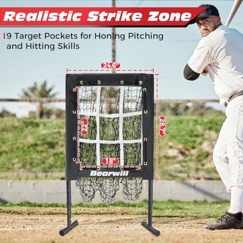 Pitching Net, 9 Hole Baseball Softball Net with Strike Zone, Adjustable Pitcher Training Equipment with Throwing Target