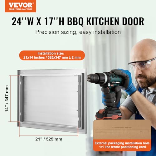 VEVOR Outdoor Kitchen Doors, 30W x 21H Inch, 304 Stainless Steel Double Doors with Vents, BBQ Access Door with 2 Detachable Handles, for BBQ Island