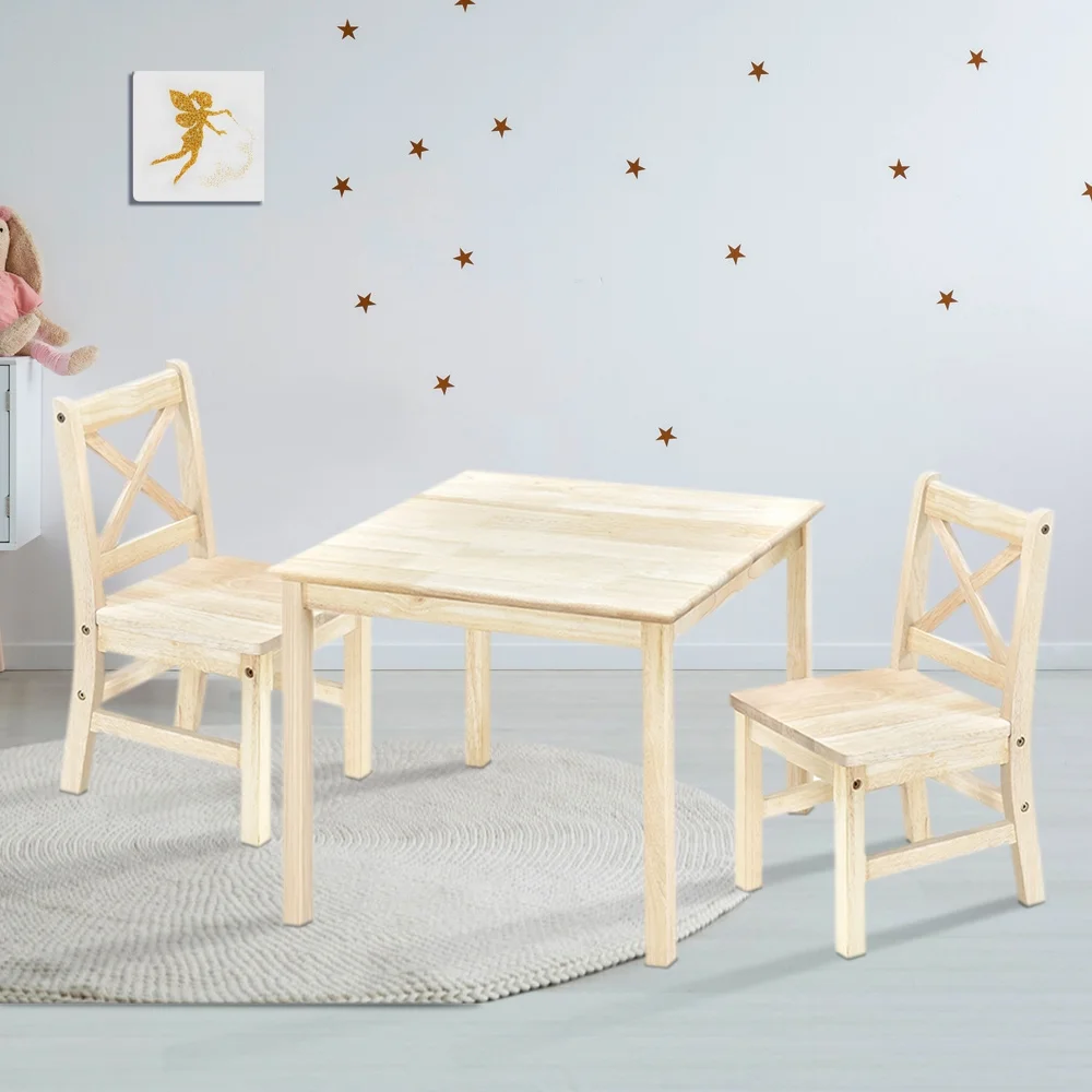 eHemco Solid Hard Wood Kids Table and Chair Set (2 Chairs Included), Unfinished, 3 Pieces Set