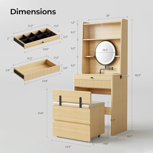 IRONCK Vanity Desk with Adjustable Makeup Mirror and LED Lights, Modern Glass Top with Storage Drawers & Shelves, Hidden Stool Storage, Dressing Table Set w/Charging Station for Bedroom, Oak