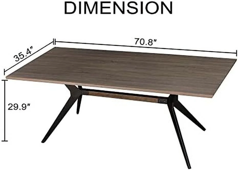 TJUNBOLIFE Mid Century Modern Dining Table for 6-8 Person  71-Inch Rectangular Farmhouse Kitchen Table with Wood Finish Tabletop & X-Metal Base for Family Gathering Cafe Restaurant(Br