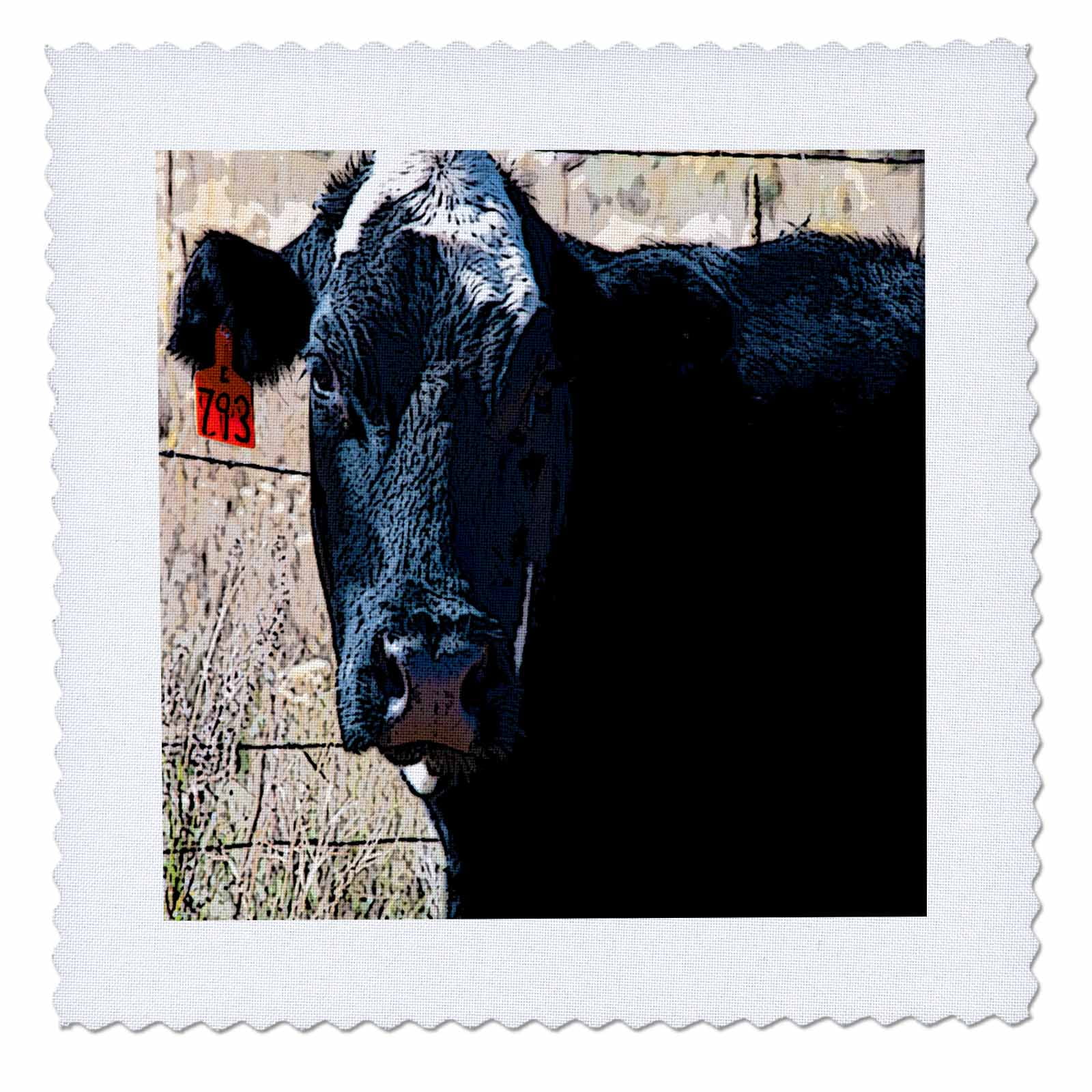 3dRose Black and White Cow Up Close and Personal With Tag on its Ear in Pine Valley, Utah - Quilt Square, 10 by 10-inch