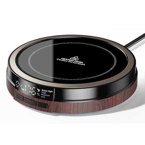 Coffee Mug Warmer for Desk, 50W Fast Heating Cup Warmer with Smart Display, 4 Temps & 12H Timer, Auto Shut Off for Tea, Milk, Hot Drinks - Wood Effect