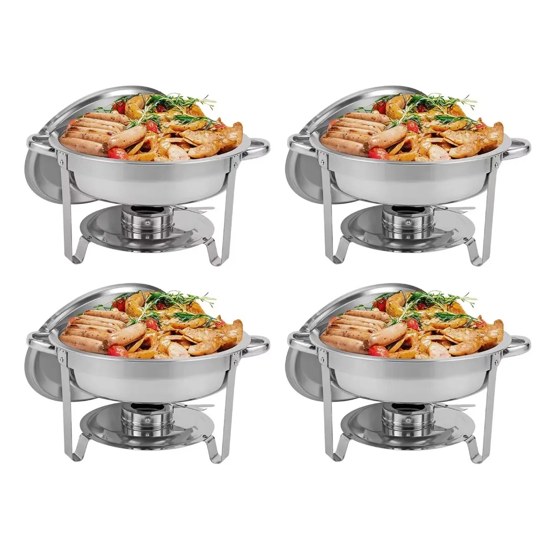 HORESTKIT 4 Packs Round Chafing Dishes Stainless Steel Chafers and Buffet Warmers Sets 5QT Large Capacity w/Water Pan, Food Pan, Fuel Holder and Lid for Catering Event Parties