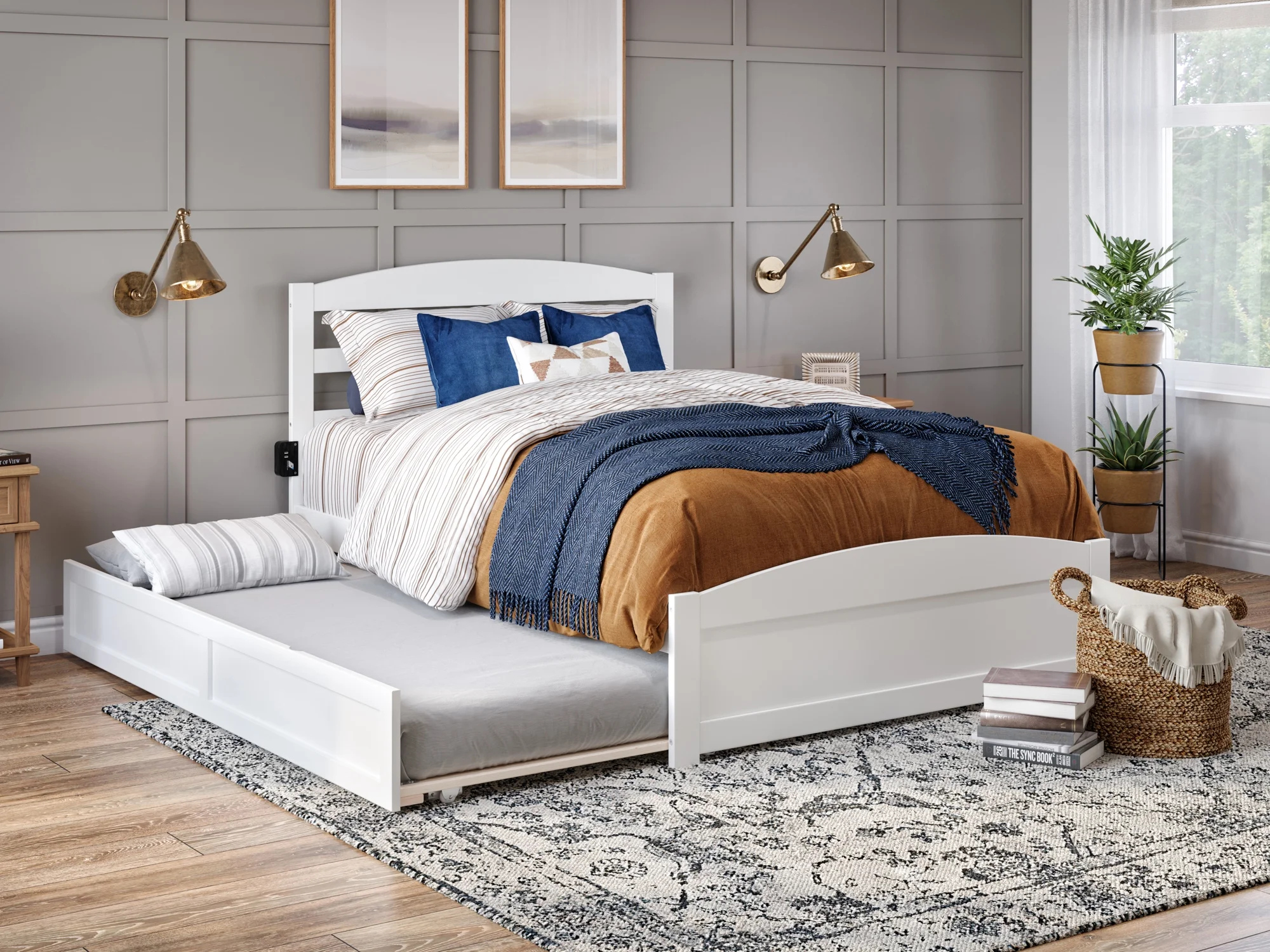 AFI Warren Full Wood Platform Bed with Headboard Footboard & Twin Trundle, White