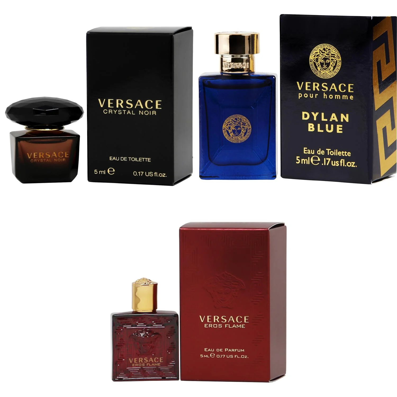 Versace Crystal Noir EDT, Dylan Blue EDT, Eros Flame EDP  - 5ml 3PK Kit