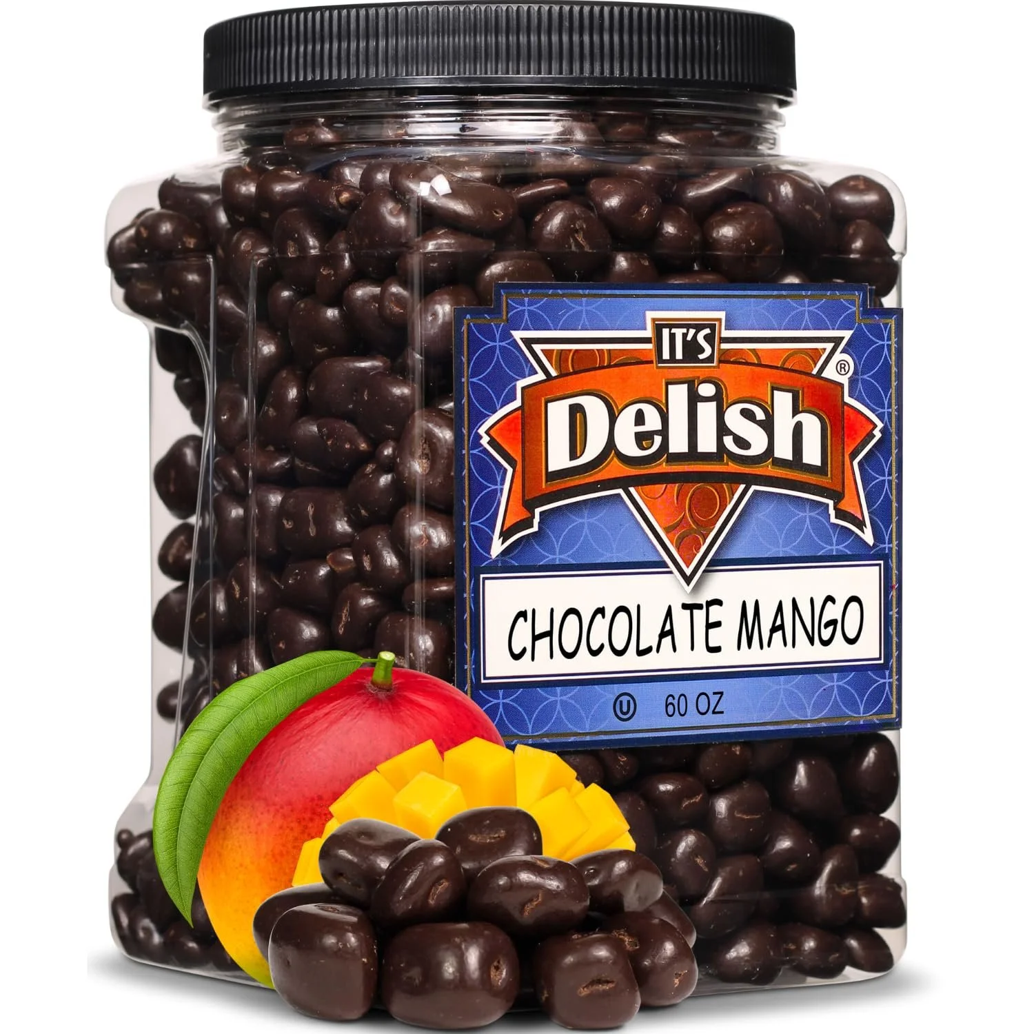 Dark Chocolate Covered Dried Mango by It's Delish, 60 OZ Jumbo Container  Gourmet Chocolate Covered Mango Bits Fruit Snacks Bulk Chocolate Candy Treats  Vegan, Non-Dairy, Kosher