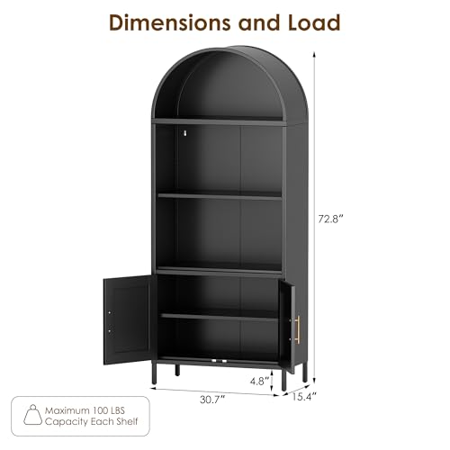 73 in Tall Metal Arched Bookcase, 5-Tier Arched Bookcase with Doors, Modern Farmhouse Bookshelf with 2 Adjustable Shelves, Kitchen Pantry Cabinet for Living Room, Black, Assembly Required