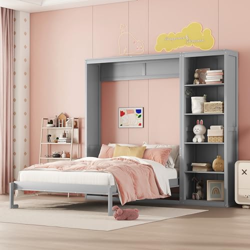 MERITLINE Full Murphy Bed with Storage Bookcase Shelves,Wood Folding Grey Murphy Wall Bed Cabinet