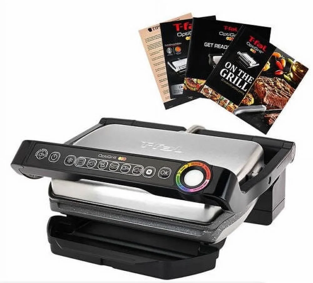 T-FAL GC704 OptiGrill With Recipe Book Indoor Electric Grill Removable Ceramic Plates - Stainless Steel Silver