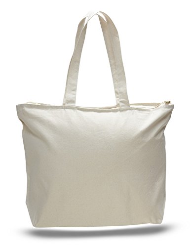 (6 Pack) Set of 6 Heavy Canvas Large Tote Bag with Zippered Closure (Natural)