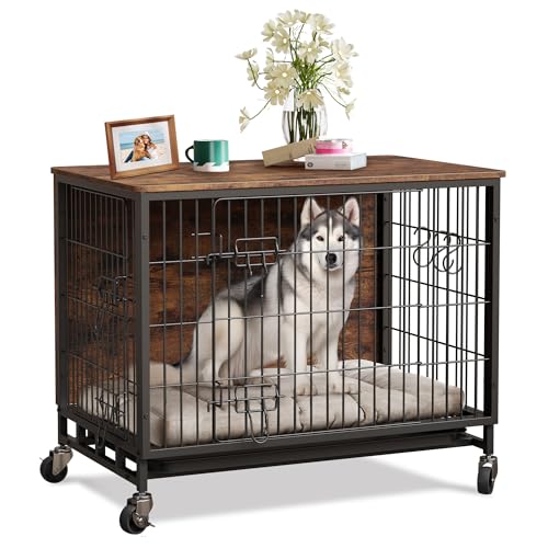 Heavy Duty Metal Dog Crate, Indoor Outdoor Pet Kennel Cage with Shelves, Storage Cabinet, Modern Decorative Dog Cage Furniture, Large Small Medium Puppy House for Home, Brown, Black
