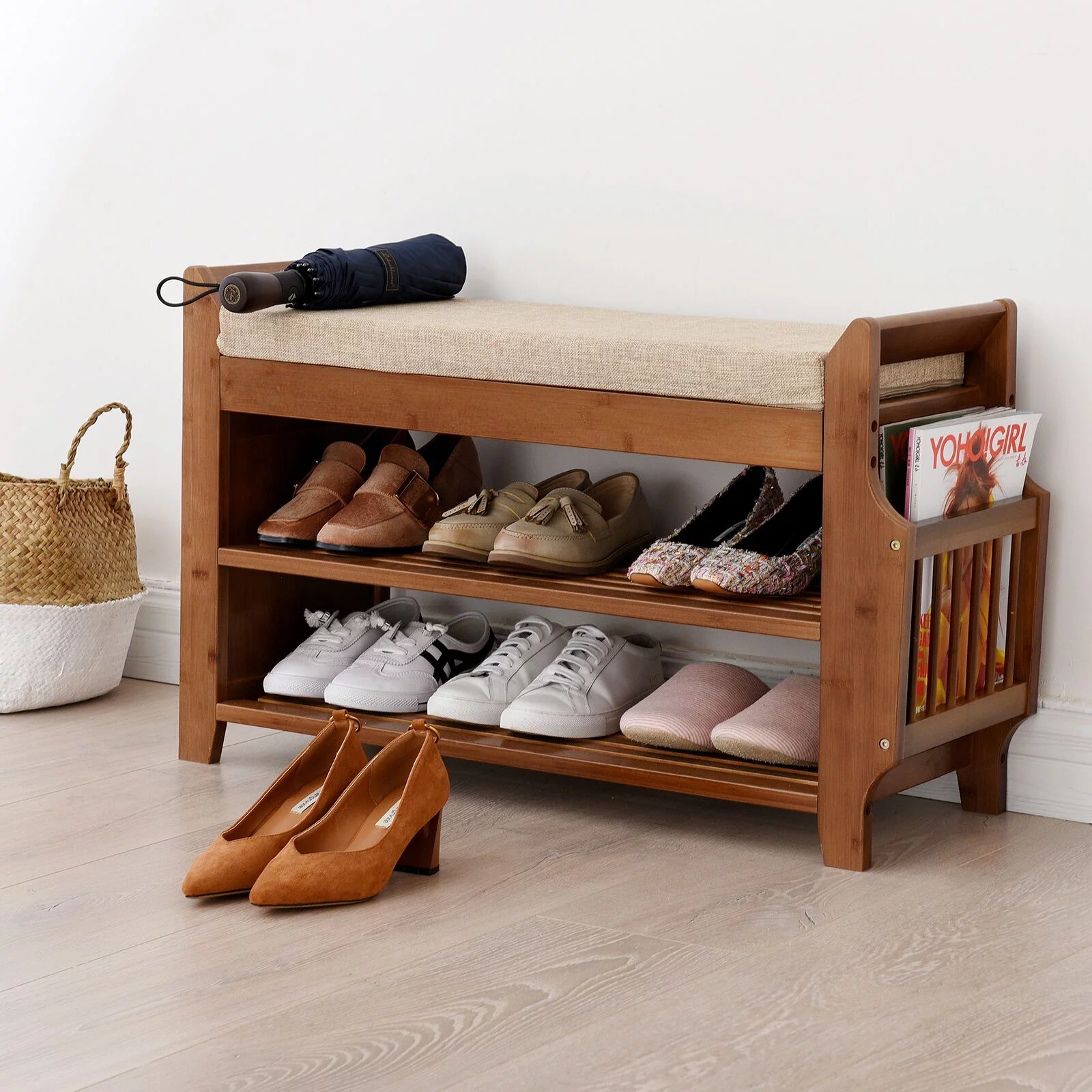 ANQIDI 2 Tier Shoe Rack Bench, Boot Organizer Bamboo Cushion Storage Shelf w/Soft Seat for Hallway Entryway