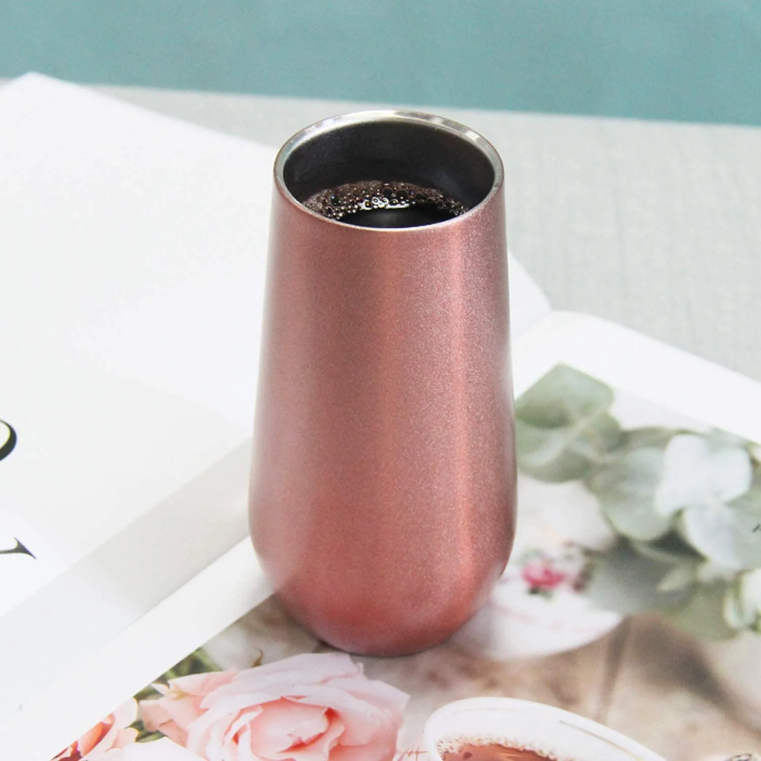 Sivaphe Stainless Steel Champagne Toasting Glasses 6 Ounce with Lid Rosegold Insulated Champagne Flutes 2 Set