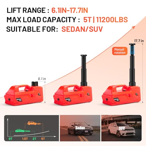 E-HEELP Electric Car Jack 5 ton Powerful Hydraulic Car Lift Jack Portable economical Durable and Easy-to-use Emergency car kit for Car Repair Vehicle Maintenance Roadside Assistance Use