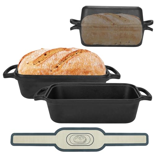 9x5-inch cast iron bread pan with lid homemade bread pan, /sourdough baking pan/comes with 2 bread mats for even heat distribution. Suitable for baking bread, meatloaf and cakes. 2-piece set.
