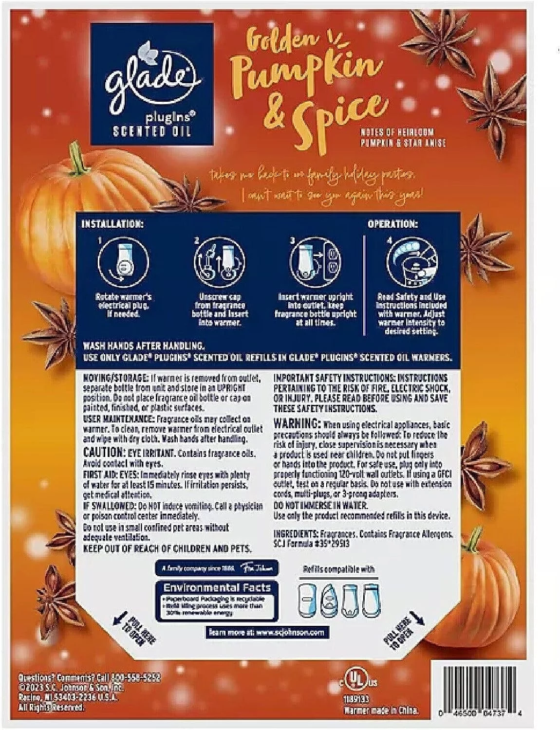 Glade PlugIns Scented Oil, 2 Warmers + 6 Refills, Pumpkin & Spice