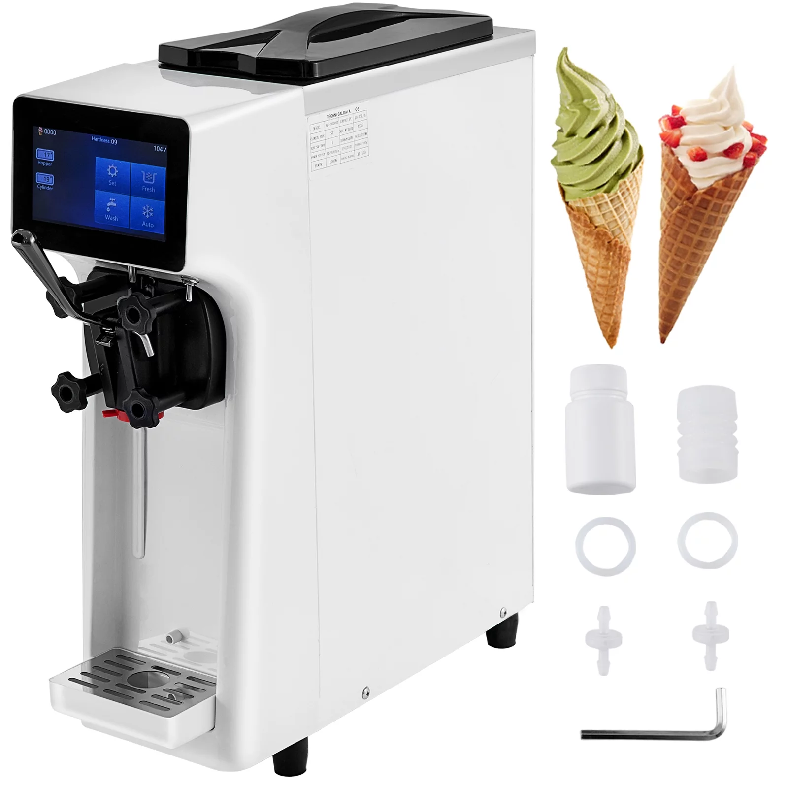 VEVOR Commercial Ice Cream Machine, 10-20L/H Yield, 1000W Countertop Soft Serve Maker with 4.5L Hopper 1.6L Cylinder Touch Screen Puffing Shortage Alarm, Frozen Yogurt Maker for Café Snack Bar, White