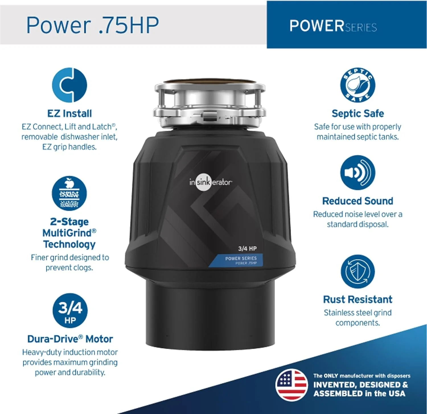 InSinkErator Power .75HP, 3/4 HP Garbage Disposal, Power Series EZ Connect Continuous Feed Food Waste Disposer