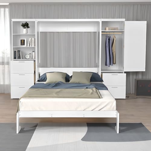 Queen Wooden Murphy Bed Wall Bed with Built-in Closets, Drawers, and Shelving, Space Saving Folding Cabinet Bed w/Dual Piston for Guest Room, Bedroom, No Box Spring Needed, White