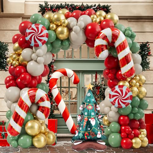 Christmas Balloon Garland Arch Kit 168PCS Red Sage Green Gold White Sand Balloons Candy Balloon Cand Cane Balloons for Christmas Party Decorations Supplies