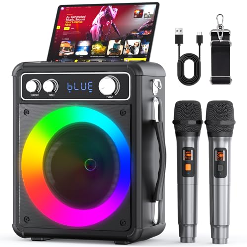 Karaoke Machine, Portable Bluetooth Karaoke Speaker with 2 Wireless Microphones, PA System for Adults Kids with LED Lights & Echo Adjustment, Supports TWS/TF/USB/AUX for Home Party