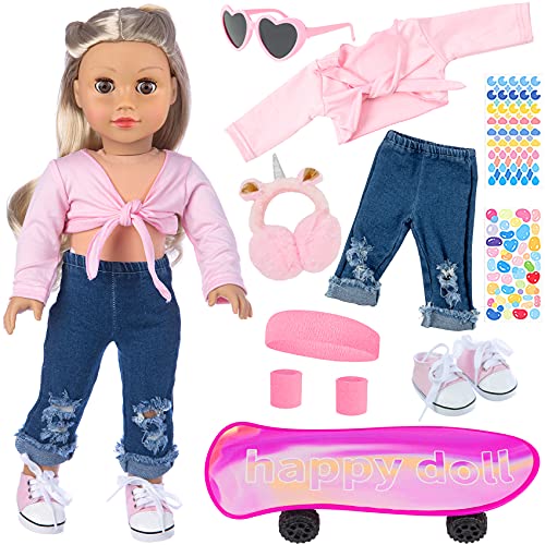 American 18 Inch Doll Skateboard Outfit Set for - 11pcs Fashion Doll Clothes and Accessories