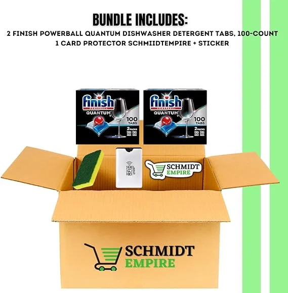 Finish Powerball Quantum Dishwasher Detergent Tabs, 100 count + Cleaning Sponge + 1 Card Protector SchmiidtEmpire + Sticker (100ct - Pack of 2)
