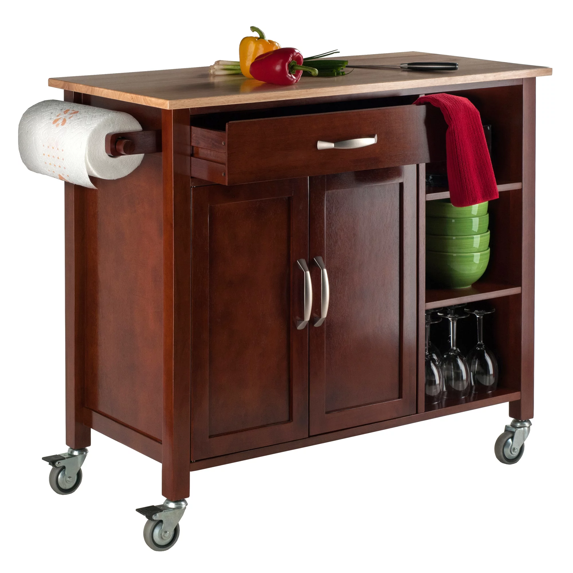 Contemporary Home Living 22” Beige and Brown Walnut Kitchen Cart with Drawer and Cabinet