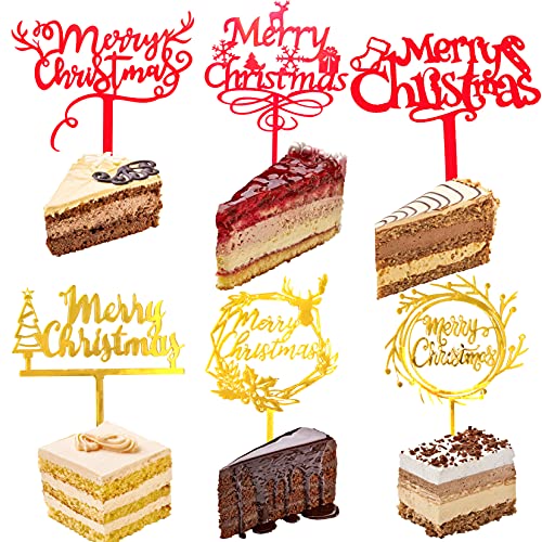 Gold Red Merry Christmas Cake Toppers, 6Pcs Reindeer Antler Xmas Tree Candy Cane Snowflake Elk Decoration for Cakes, Xmas Decor for Cake Toppers Christmas Party Cake Decorations Supplies