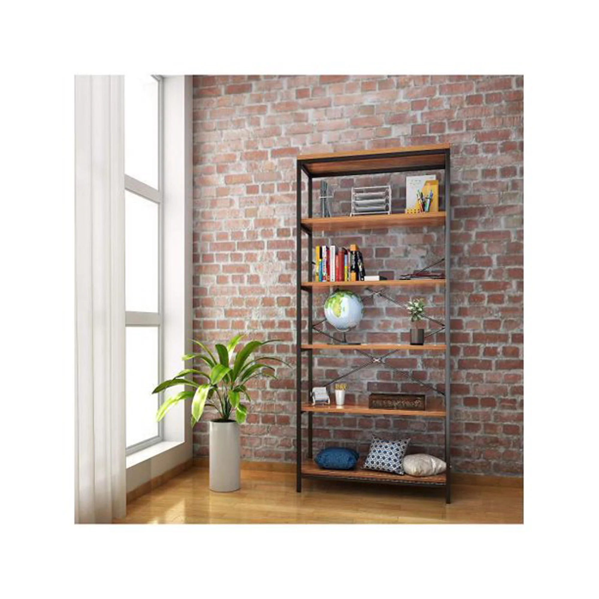 5-Tier Tall Bookcase, 5 Shelf Bookcase Rustic Wood and Metal Standing Bookshelf, Industrial Vintage Book Shelf Unit, Open Modern Office Bookcases