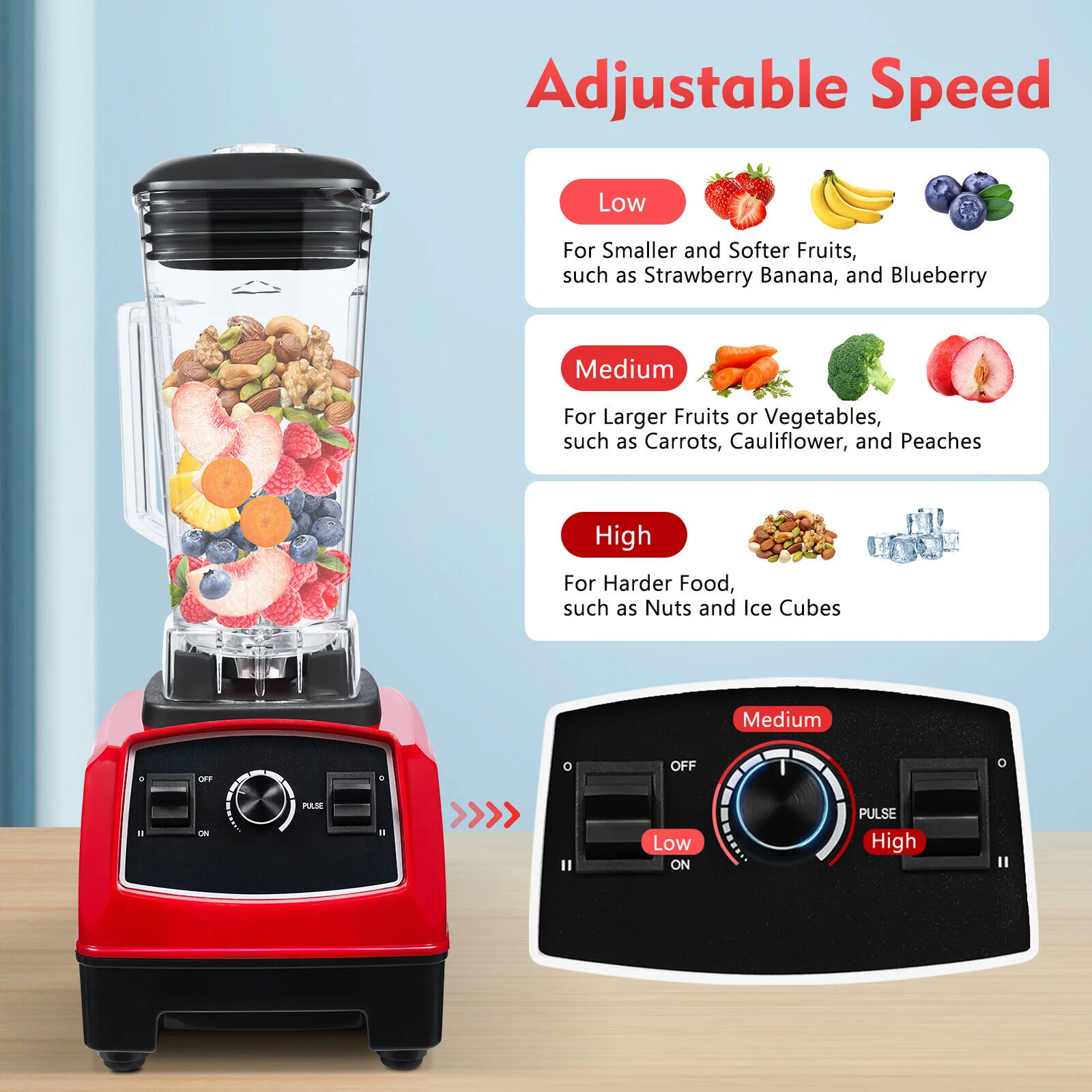 Oukaning 2L 2200W Crushing Blender Electric Mixer 45000 Rpm High Speed Blender(Red)