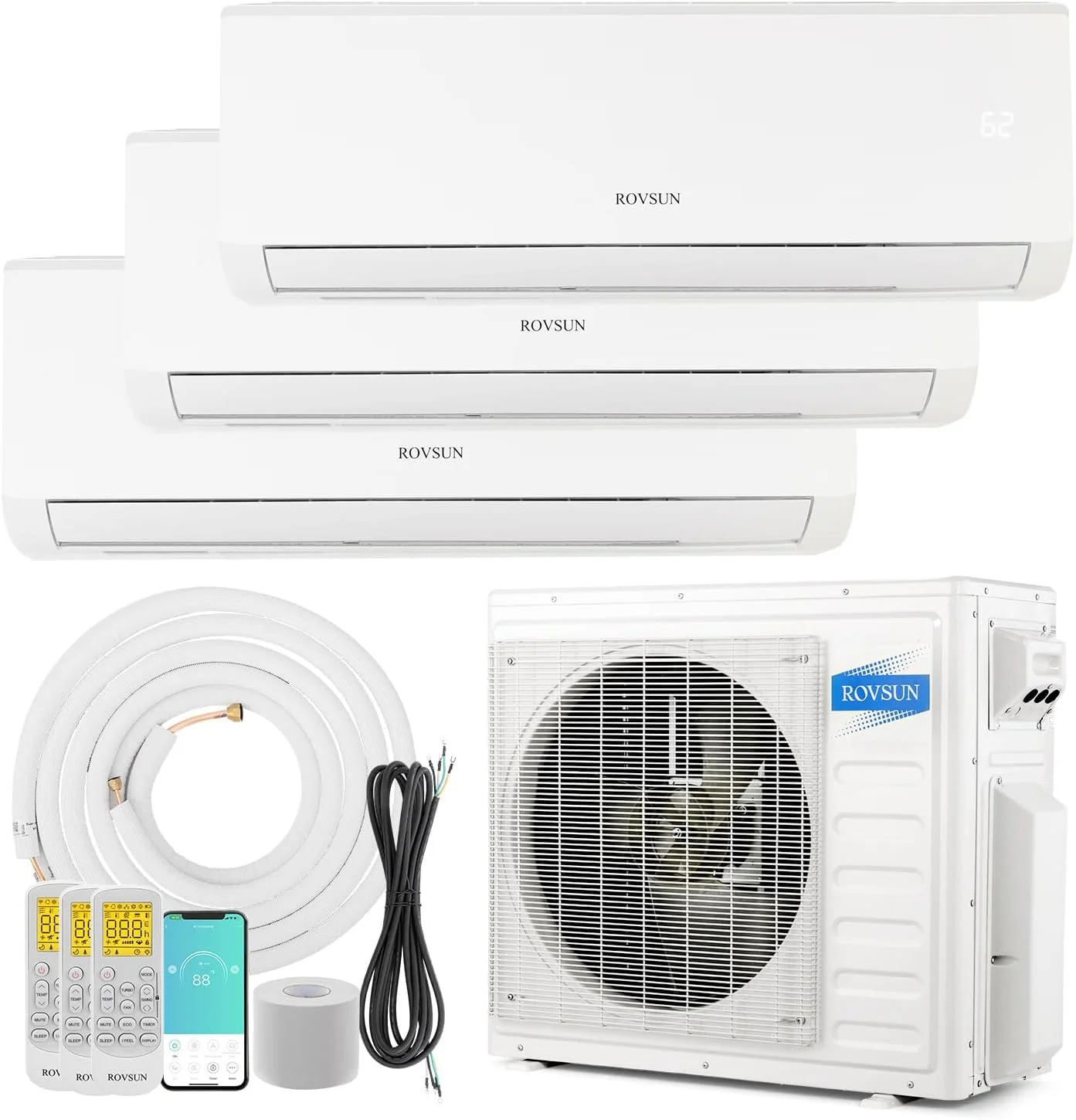 ROVSUN 3 Zone 9000 + 9000 + 9000 BTU WIFI Mini Split AC/Heating System, 19 SEER Tri Zone 27000 BTU Ductless Split Air Conditioner with Pre-Charged Condenser, Heat Pump & 25Ft Line Set, 208-230V