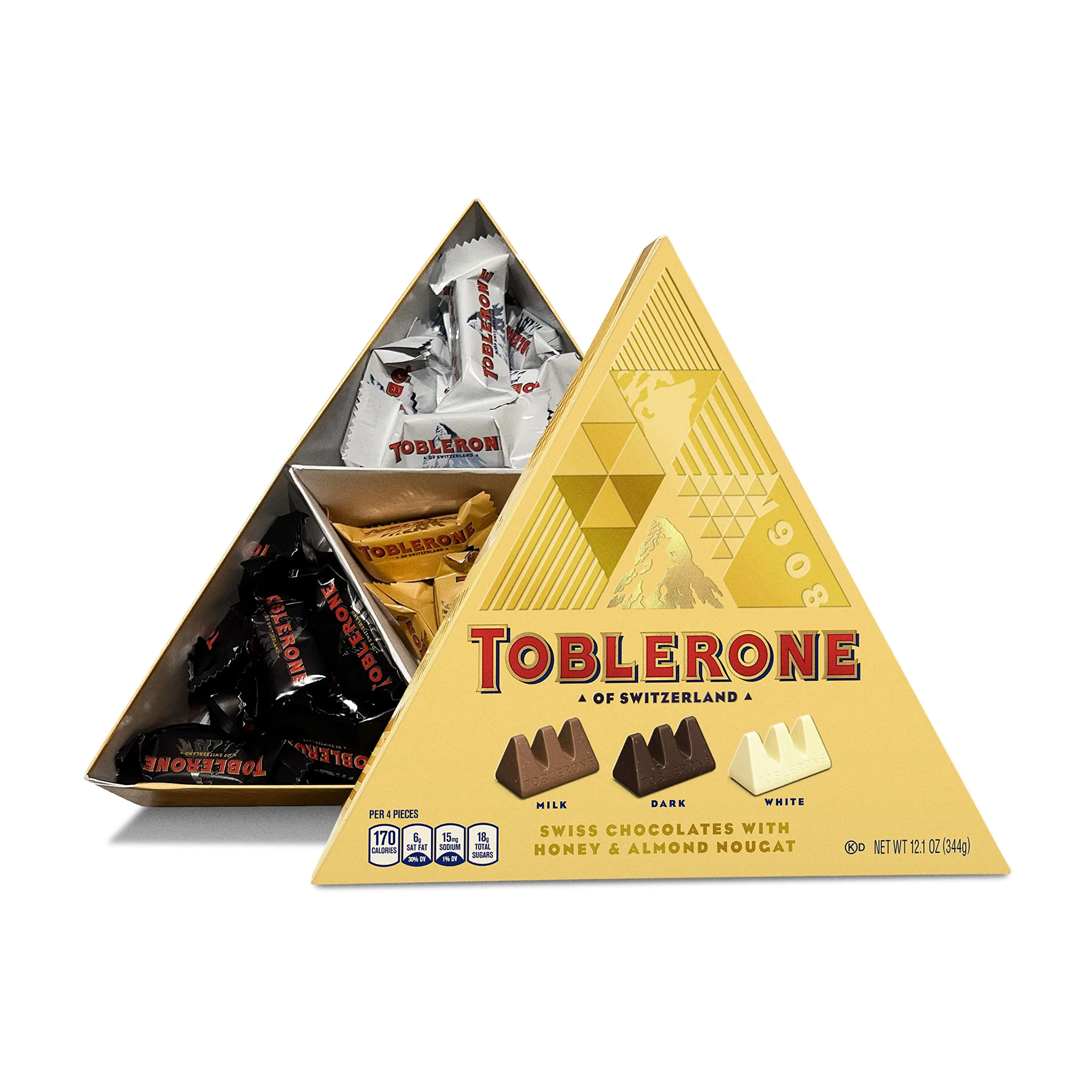 Toblerone Tiny Swiss Chocolate Gift Set, Dark Chocolate, White Chocolate, Milk Chocolate Candy Bars With Honey & Almond Nougat, Valentines Day Chocolate Candy, 12.1 Oz (43 Pieces)
