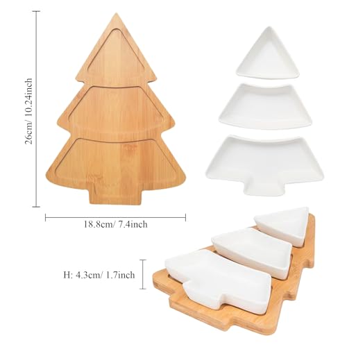 Christmas Tree Shaped Platter Ceramic Dinner Plates with Wood Tray Christmas Tree Dishes Decorative Food Serving Tray for Appetizer Snack