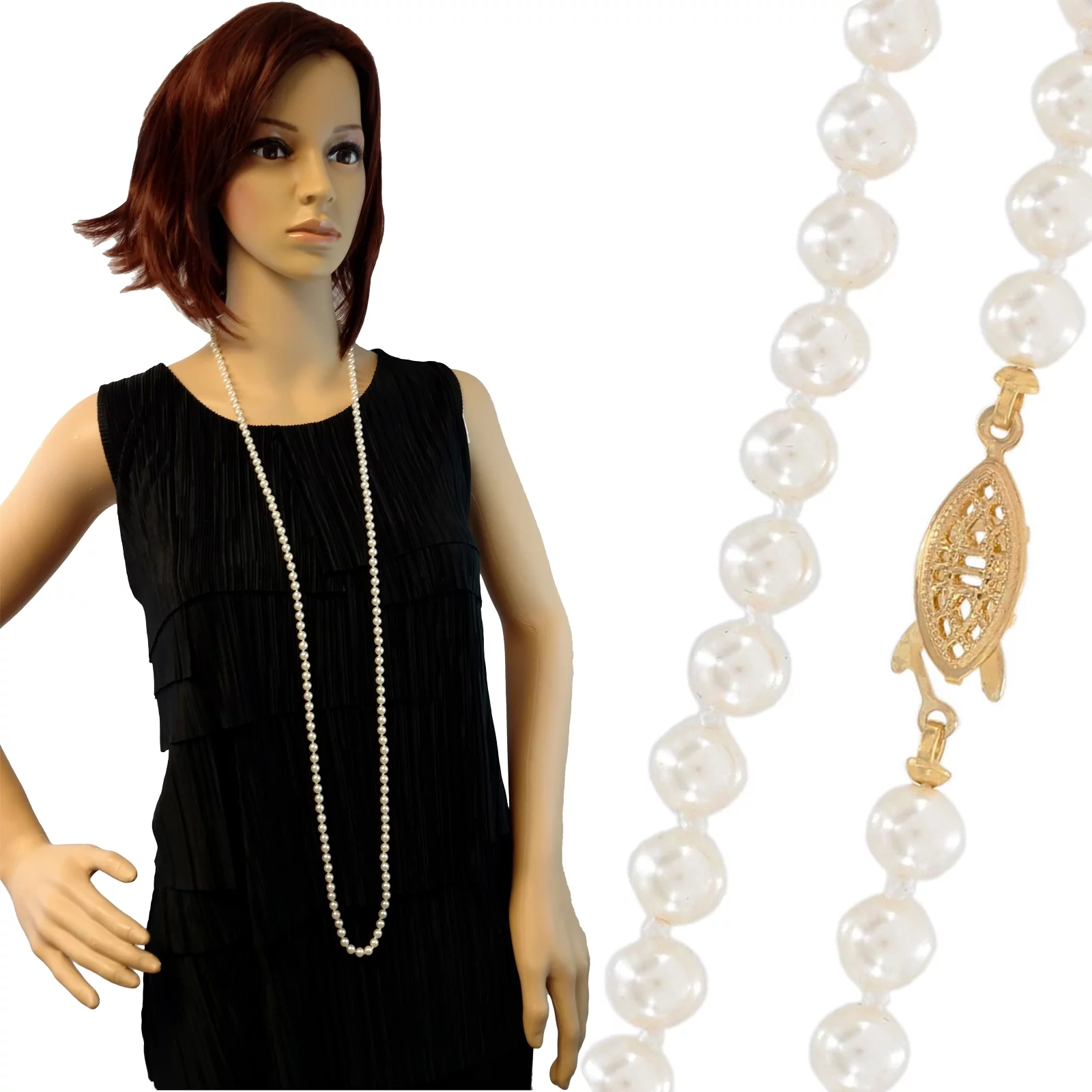 Flapper Necklace White Glass 6mm Faux Pearl Bead 48