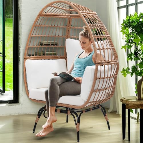 Oversized 360 Swivel Rattan Egg Chair for Adult, Indoor Outdoor Patio Large Wicker Egg Chair with Overstuffed Cushions, 440lb Weight Capacity, Black Rattan with Beige Cushion
