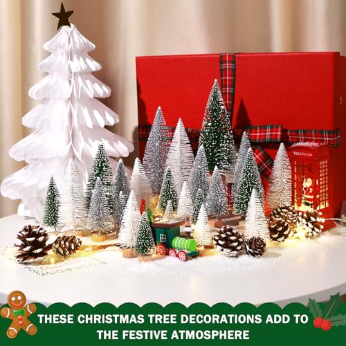 9pcs Mini Christmas Tree Desktop, Artificial Christmas Pine Tree, Mini Bottle Brush Trees Tabletop, Small Sisal Trees with Wooden Bases, Xmas Holiday Decor (Green-Silver-White)
