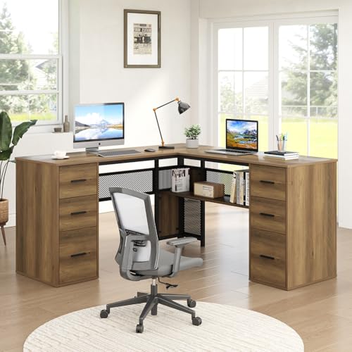 HSH L Shaped Corner Home Office Desk with Drawers, Large Computer Desk with Storage File Cabinet Shelves, Rustic Wood Metal Computer Table for Bedroom Executive Work Study Writing, Dark Gray, 59 Inch