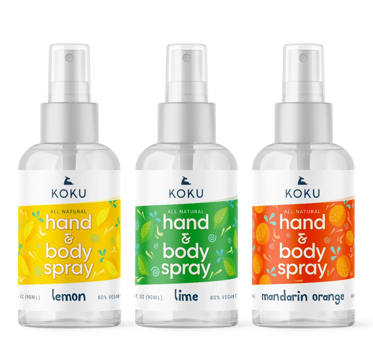 KOKU Citrus Hand & Body Spray | Variety Pack | Three 3-Ounce Travel-Size Spray Bottles | 1 of each Scents | Lemon, Lime, & Mandarin Orange