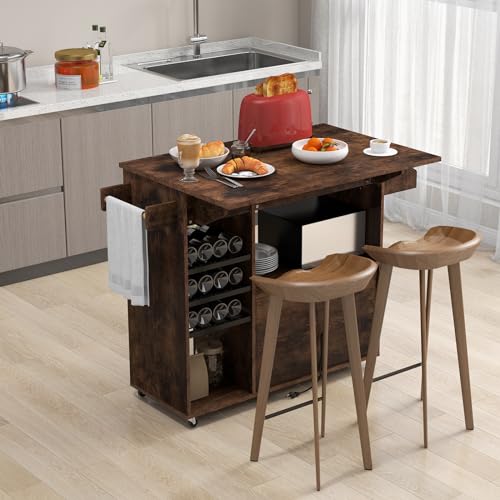GOFLAME Kitchen Island Cart with Drop-Leaf & Power Outlet, Rolling Kitchen Cart on Wheels with Microwave Shelf, Wine Rack, Glass Holder, Towel Rack, Spice Rack, Drawer & Storage Cabinet, Rustic Brown